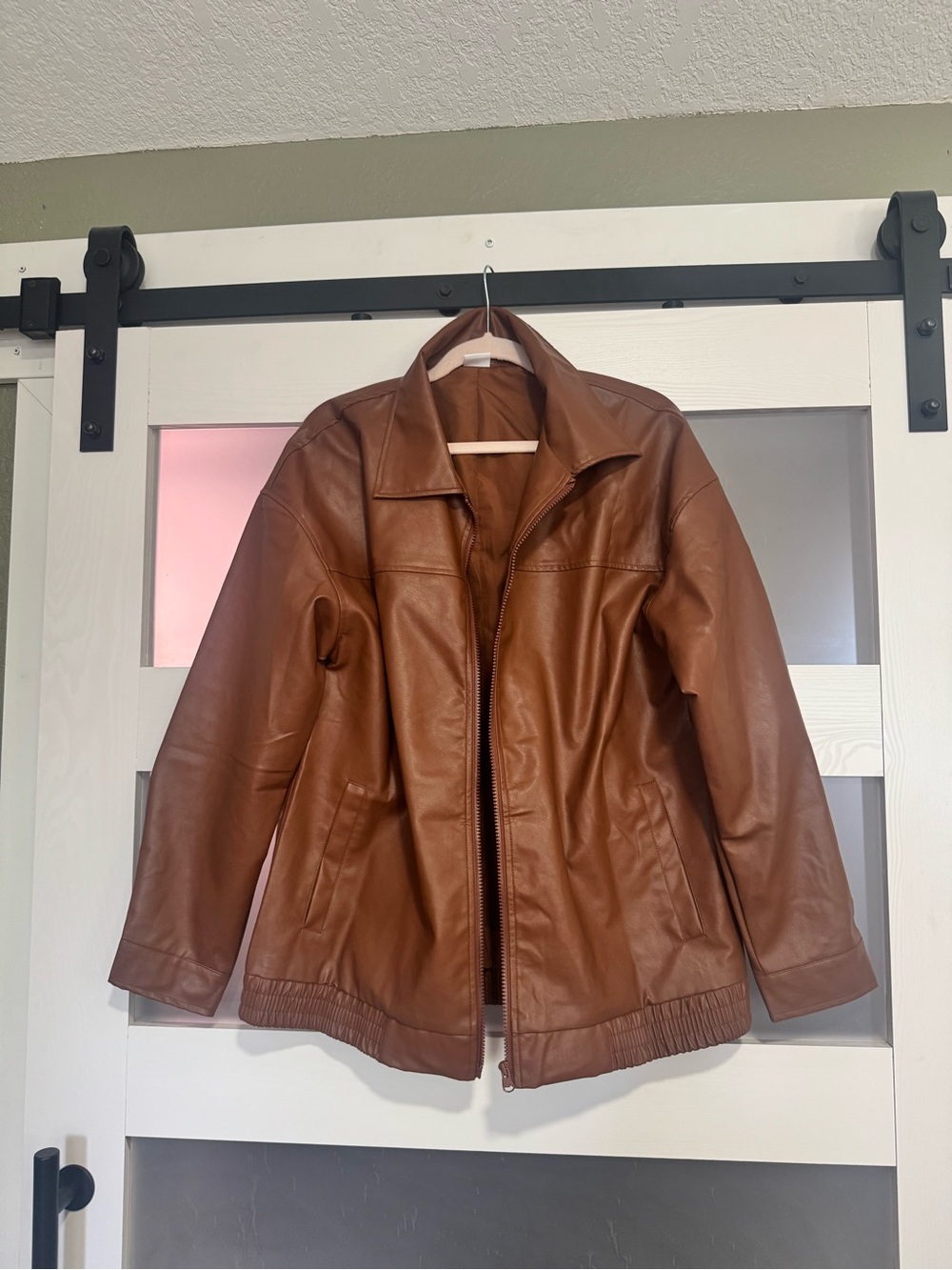 Classic Women's Brown Faux Leather Jacket Size Large